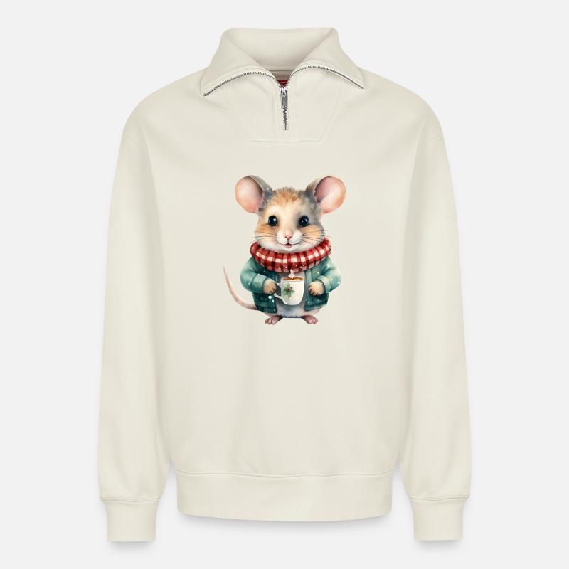Kuschelmäuschen Wintertee - Relaxed Unisex Organic Half Zip Sweatshirt – von SPREAD - Naturweiß