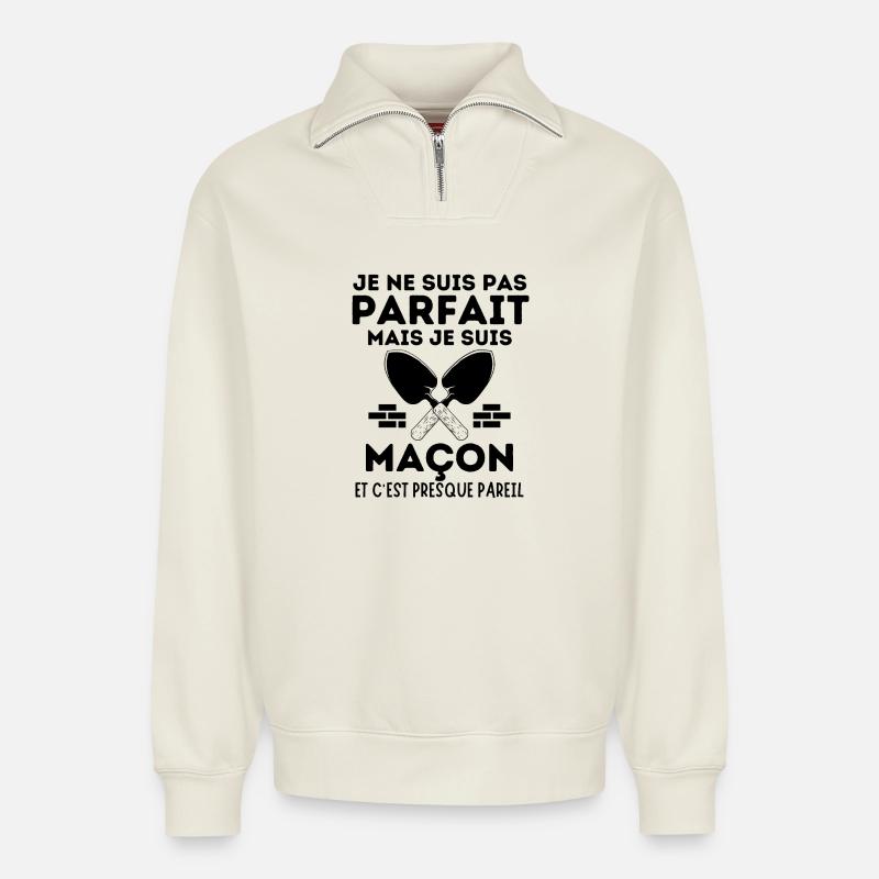 Maçon maçonnerie - Sweat unisexe décontracté en coton biologique à demi-zip – de SPREAD - blanc cassé