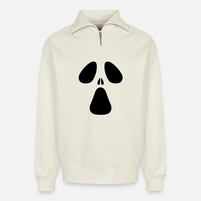 AC Designs Halloween Ghost Face - Sweat unisexe décontracté en coton biologique à demi-zip – de SPREAD - blanc cassé