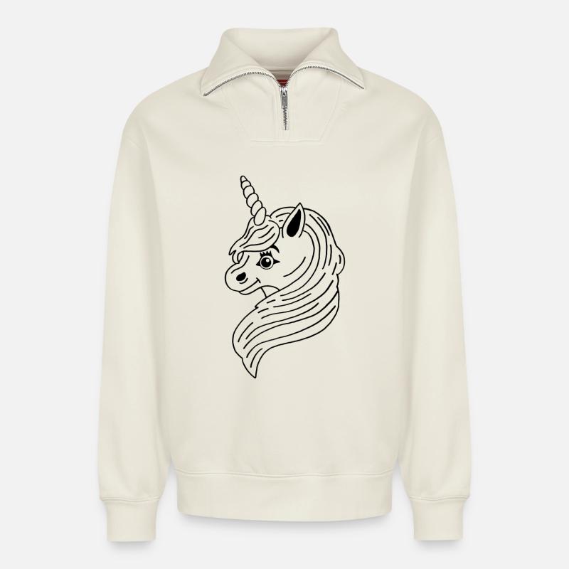 Schwarzes Manga-Einhorn - Relaxed Unisex Organic Half Zip Sweatshirt – von SPREAD - Naturweiß