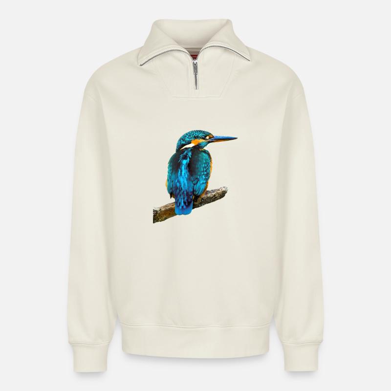 Martin-pêcheur Alcedo à ce - Sweat unisexe décontracté en coton biologique à demi-zip – de SPREAD - blanc cassé