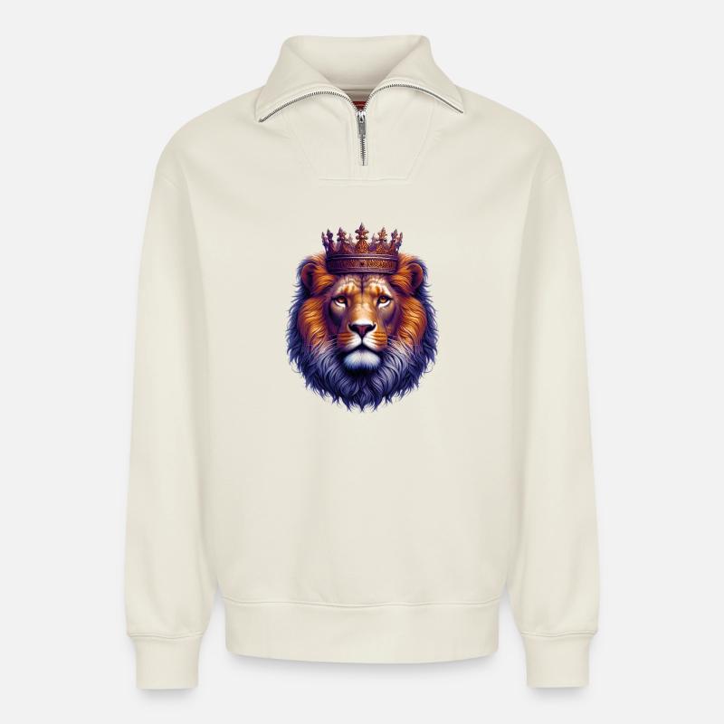 Löwe - Relaxed Unisex Organic Half Zip Sweatshirt – von SPREAD - Naturweiß