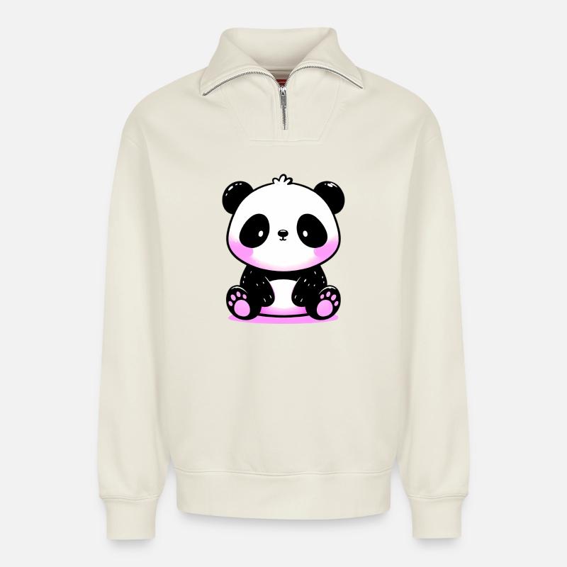 Panda - Relaxed Unisex Organic Half Zip Sweatshirt – von SPREAD - Naturweiß