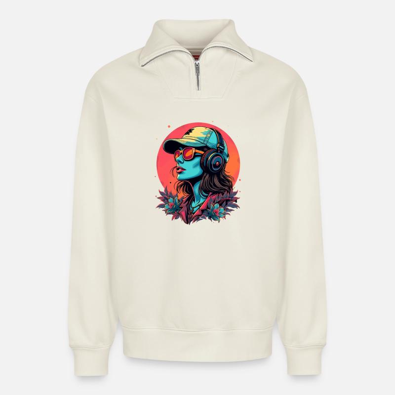 Futuristische DJane mit Kopfhörern - Relaxed Unisex Organic Half Zip Sweatshirt – von SPREAD - Naturweiß