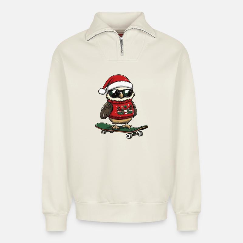 Eule Weihnachten Lustig - Relaxed Unisex Organic Half Zip Sweatshirt – von SPREAD - Naturweiß