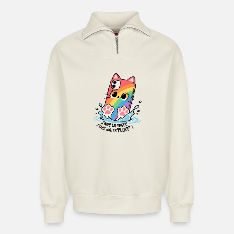 Waterplouf Katze Handy! - Relaxed Unisex Organic Half Zip Sweatshirt – von SPREAD - Naturweiß