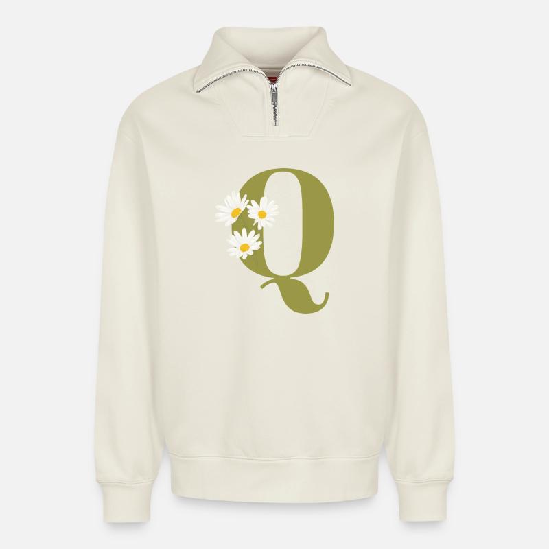 Buchstaben q grüne Gänseblümchen - Relaxed Unisex Organic Half Zip Sweatshirt – von SPREAD - Naturweiß
