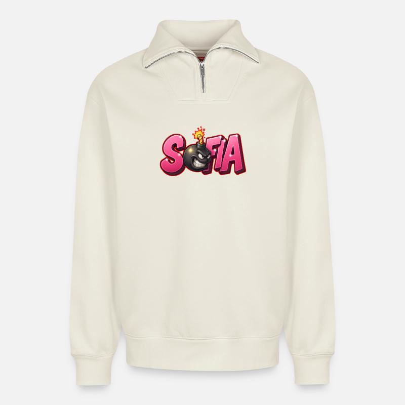 Sofia Graffiti Name Bomb Graffité 3D - Relaxed Unisex Organic Half Zip Sweatshirt – von SPREAD - Naturweiß