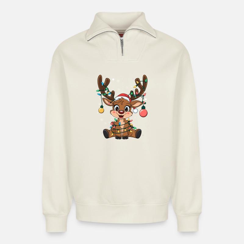 Rentier mit Lichterkette - Relaxed Unisex Organic Half Zip Sweatshirt – von SPREAD - Naturweiß