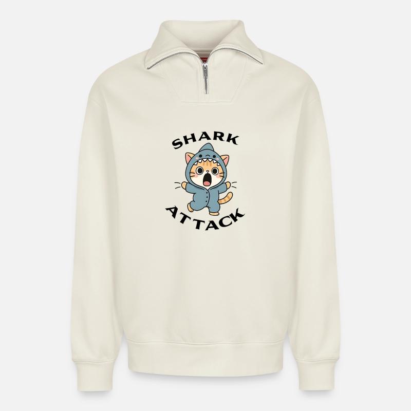 Shark Attack - Attaque de requin - Sweat unisexe décontracté en coton biologique à demi-zip – de SPREAD - blanc cassé