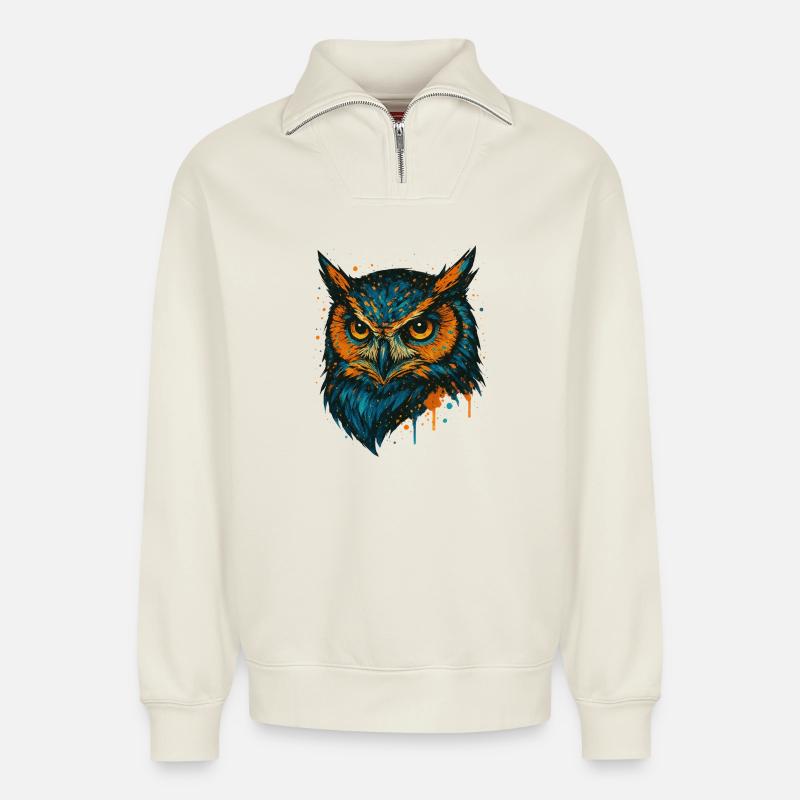 Farbige Eulenkopf Splashkunst - Relaxed Unisex Organic Half Zip Sweatshirt – von SPREAD - Naturweiß