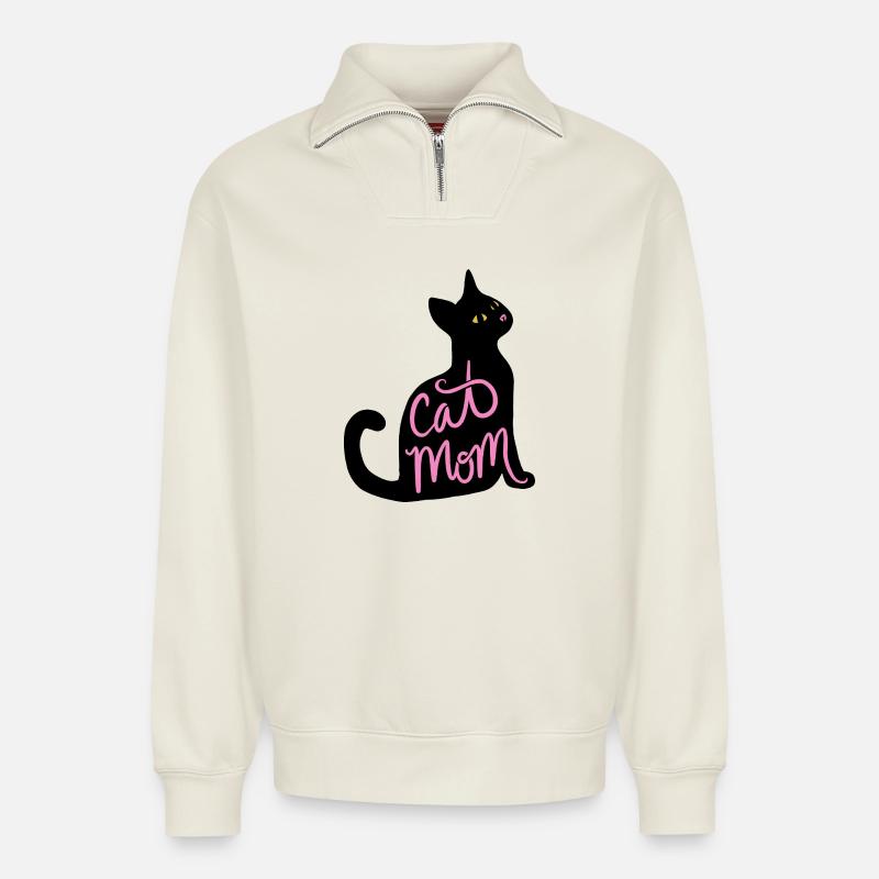 Cat Mom Neon Script - Relaxed Unisex Organic Half Zip Sweatshirt – by SPREAD - off white