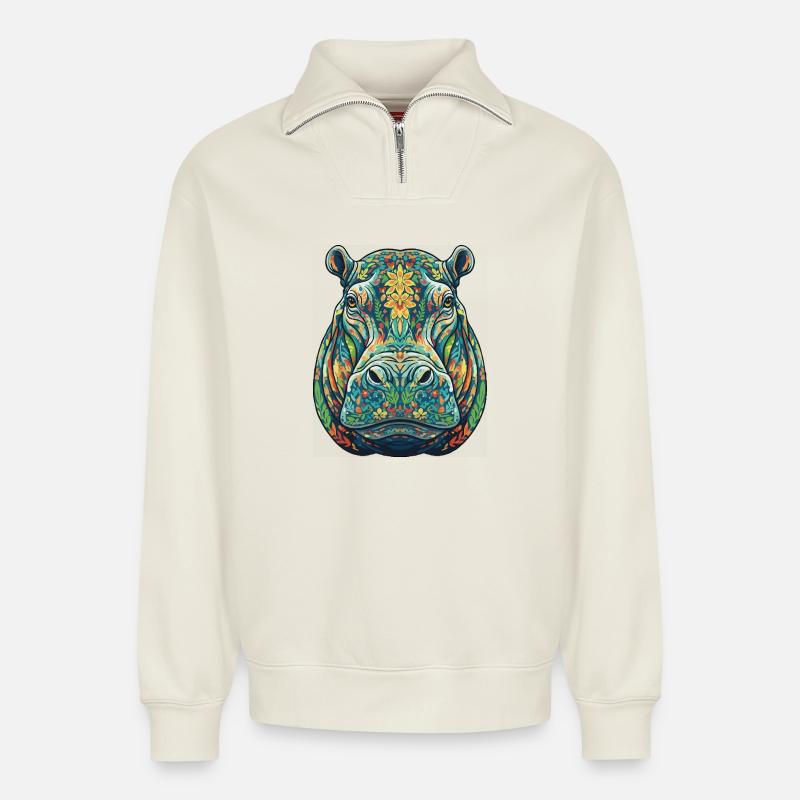 Buntes Nilpferd mit Blumen - Relaxed Unisex Organic Half Zip Sweatshirt – von SPREAD - Naturweiß
