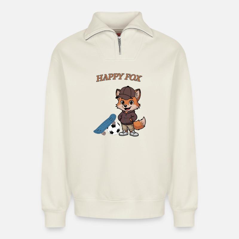 Happy Fox - Relaxed Unisex Organic Half Zip Sweatshirt – von SPREAD - Naturweiß