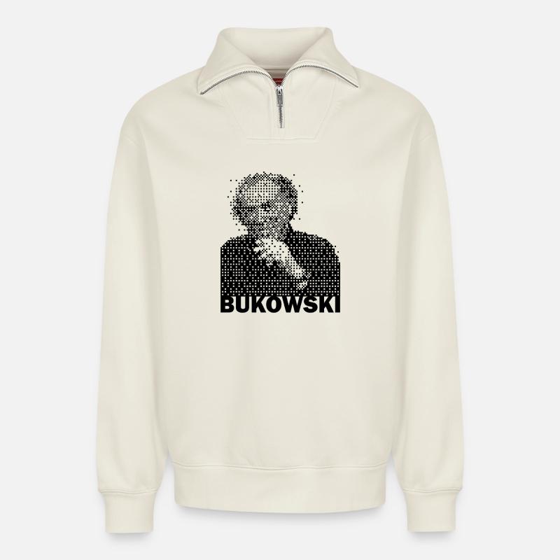 Charles Bukowski portrait - Relaxed Unisex Organic Half Zip Sweatshirt – by SPREAD - off white