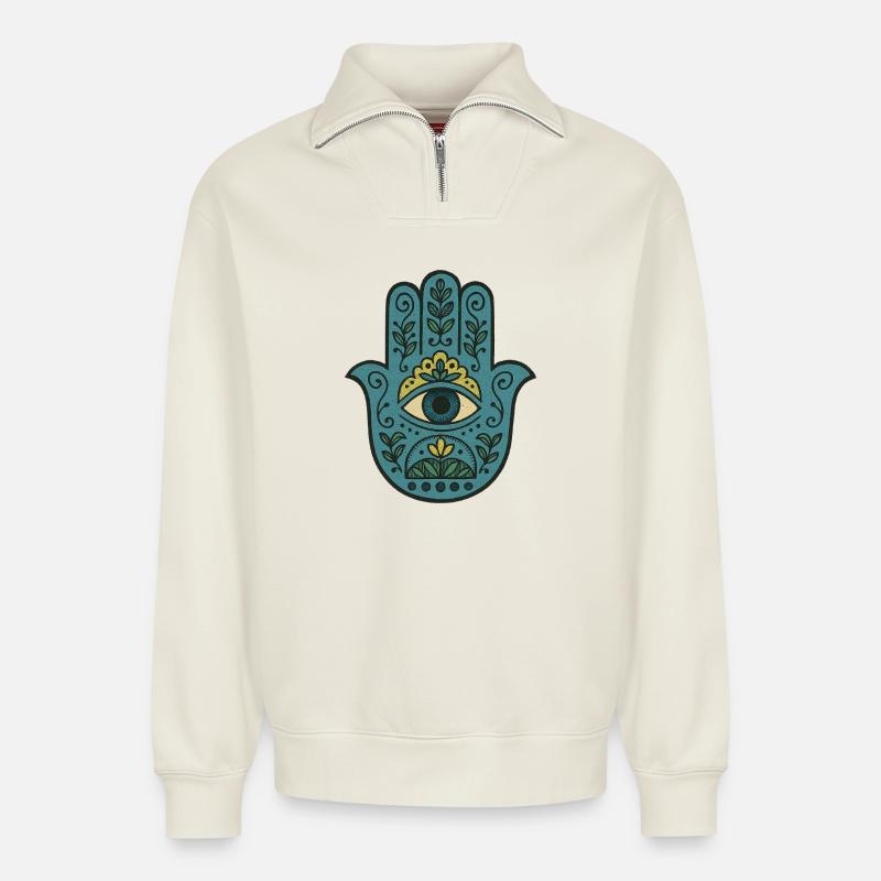 Hamsa Eye Floral Boho Palme - Relaxed Unisex Organic Half Zip Sweatshirt – von SPREAD - Naturweiß