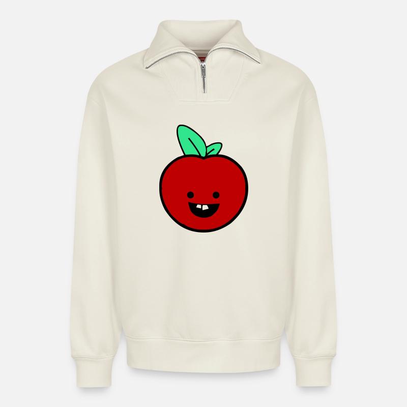Fröhlicher Apfel  - Relaxed Unisex Organic Half Zip Sweatshirt – von SPREAD - Naturweiß