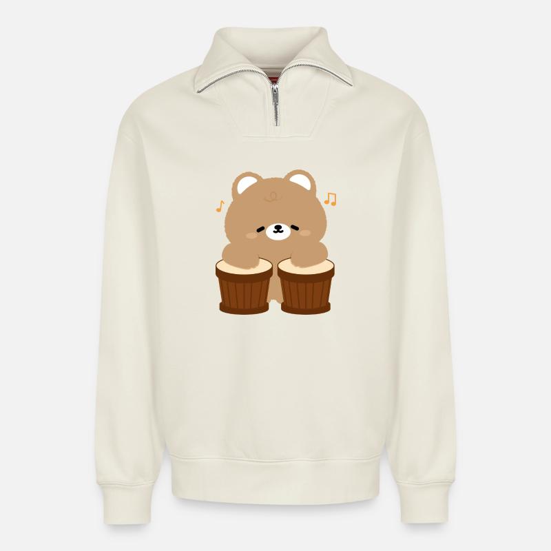 Bear Beats on Drums - Relaxed Unisex Organic Half Zip Sweatshirt – von SPREAD - Naturweiß