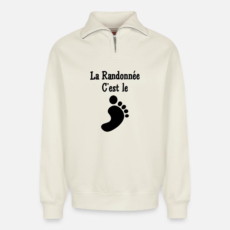 La Randonnée c'est le pied ! - Sweat unisexe décontracté en coton biologique à demi-zip – de SPREAD - blanc cassé