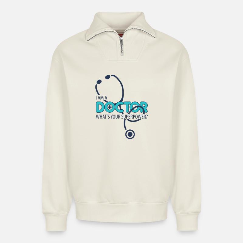 Ich bin ein Arzt - Relaxed Unisex Organic Half Zip Sweatshirt – von SPREAD - Naturweiß