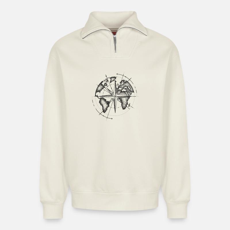 World Map - Relaxed Unisex Organic Half Zip Sweatshirt – by SPREAD - off white
