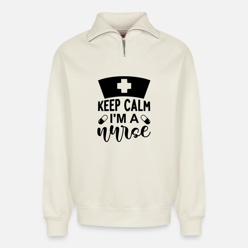 Keep calm im a nurse - Relaxed Unisex Organic Half Zip Sweatshirt – von SPREAD - Naturweiß