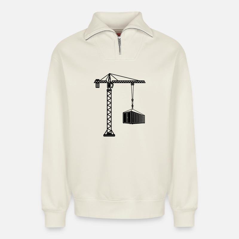 Baukran mit Seecontainer - Relaxed Unisex Organic Half Zip Sweatshirt – von SPREAD - Naturweiß