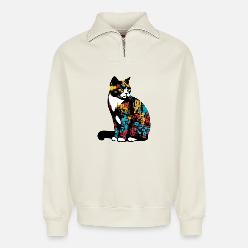 Katze - Relaxed Unisex Organic Half Zip Sweatshirt – von SPREAD - Naturweiß