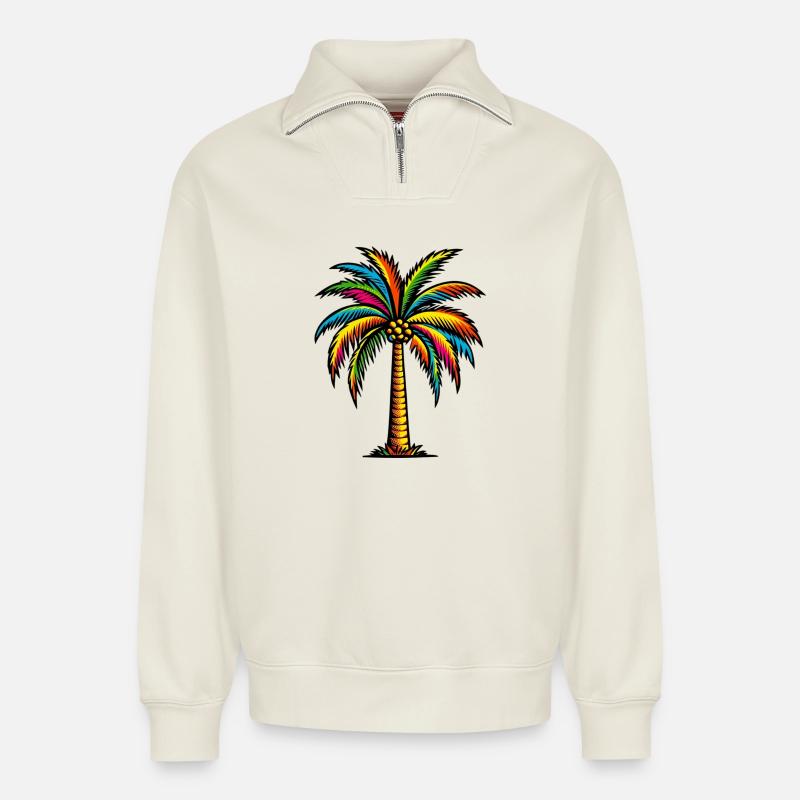 Palm tree - Relaxed Unisex Organic Half Zip Sweatshirt – by SPREAD - off white