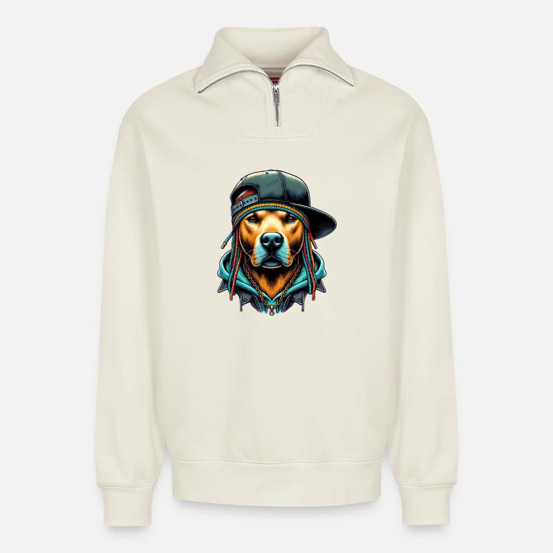 Chien - Sweat unisexe décontracté en coton biologique à demi-zip – de SPREAD - blanc cassé