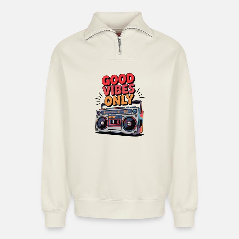 nur gute Stimmung - Relaxed Unisex Organic Half Zip Sweatshirt – by SPREAD - off white
