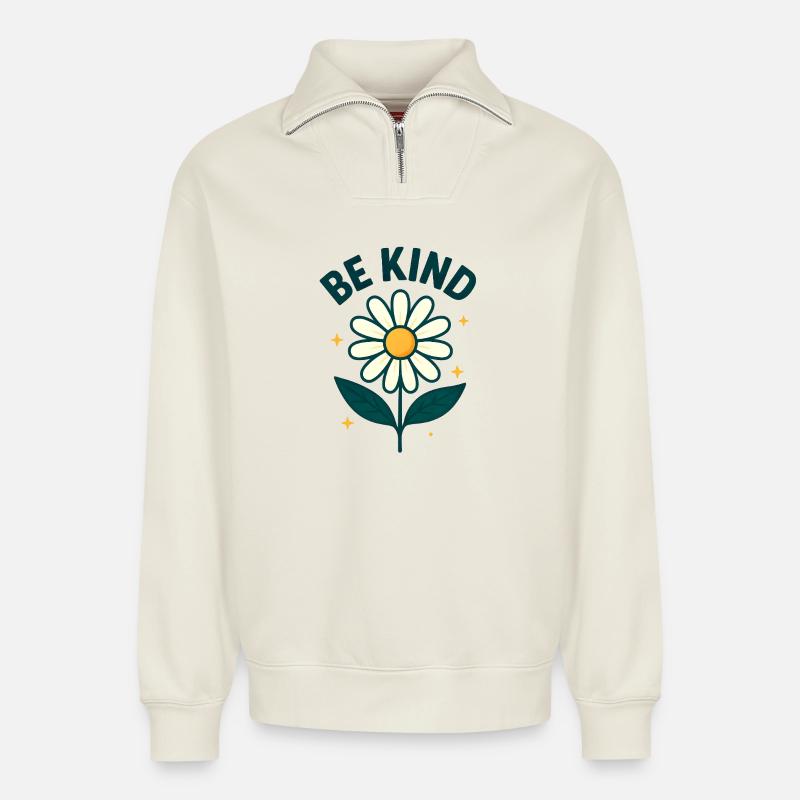 Fleur inspirante avec message - Sweat unisexe décontracté en coton biologique à demi-zip – de SPREAD - blanc cassé