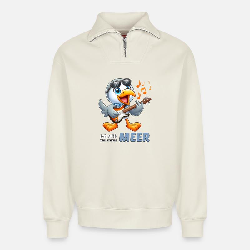 Fröhlicher Seevogel mit Gitarre - Relaxed Unisex Organic Half Zip Sweatshirt – von SPREAD - Naturweiß