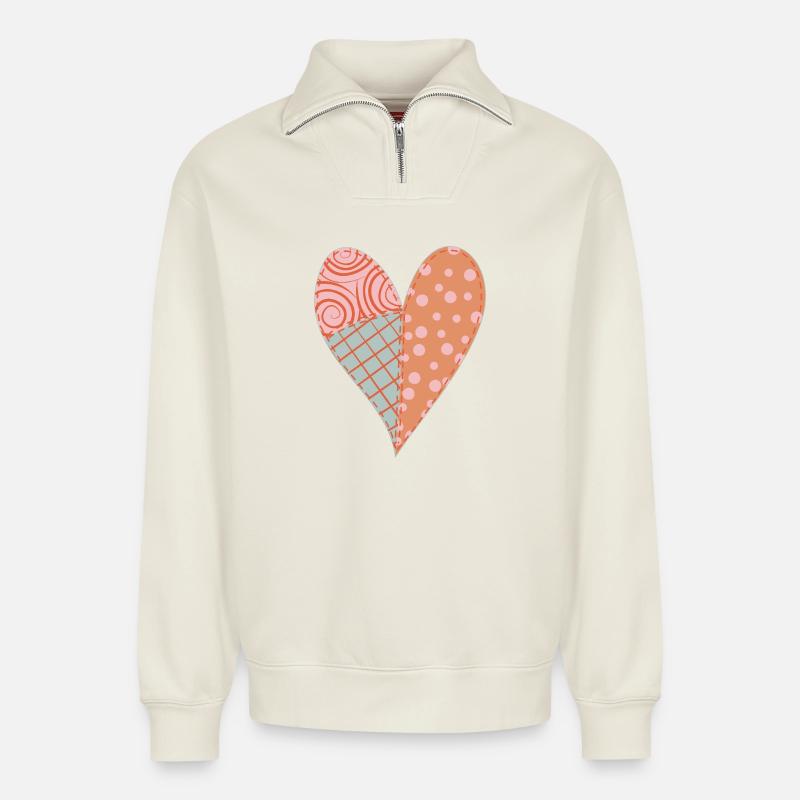 Patchwork Heart No4 - Relaxed Unisex Organic Half Zip Sweatshirt – by SPREAD - off white