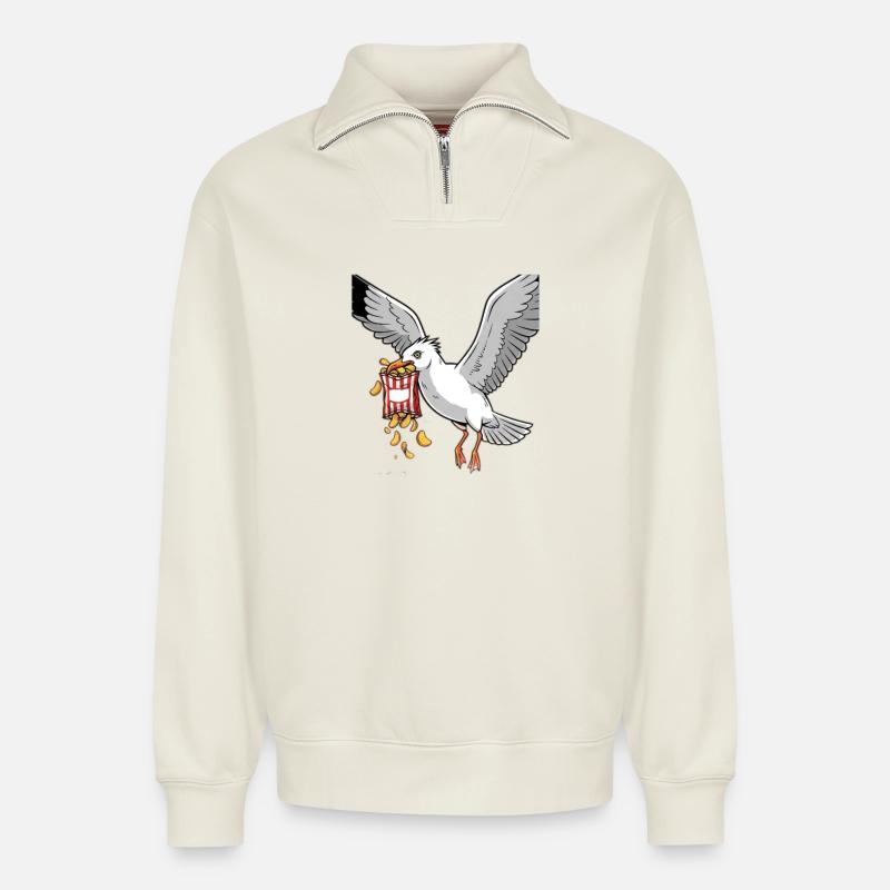 Möwe mit Chips Snack Design - Relaxed Unisex Organic Half Zip Sweatshirt – von SPREAD - Naturweiß