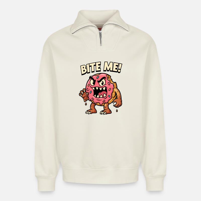 Illustration de monstre de beignet vif - Sweat unisexe décontracté en coton biologique à demi-zip – de SPREAD - blanc cassé