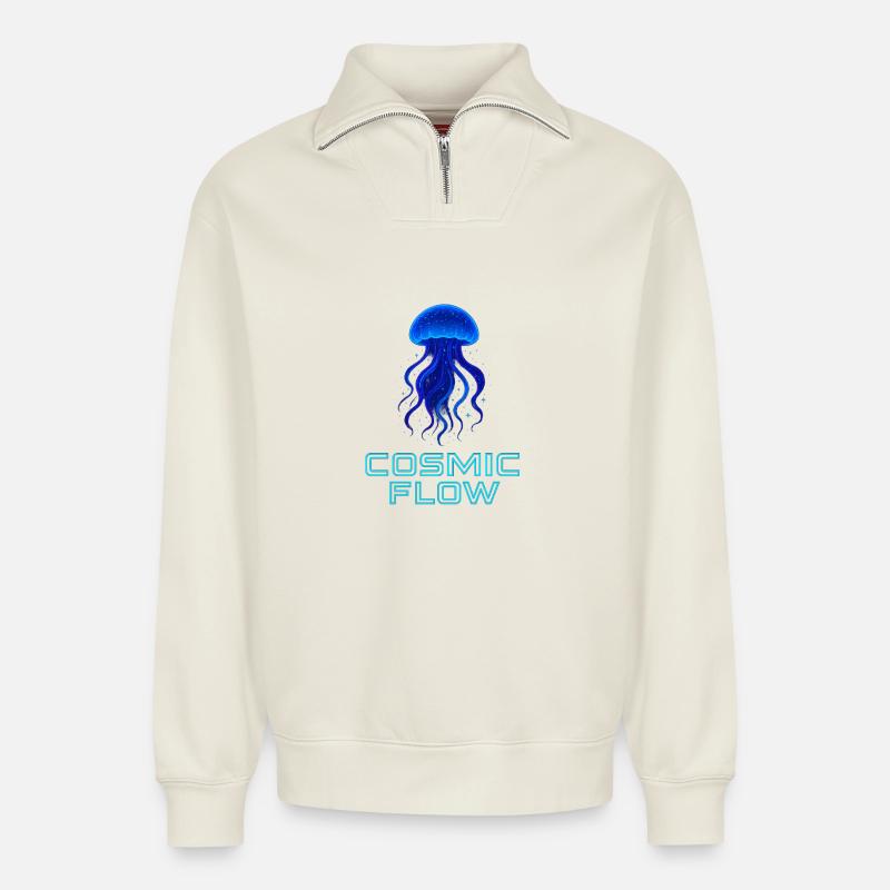 Kosmische Meeres Qualle Neon - Relaxed Unisex Organic Half Zip Sweatshirt – von SPREAD - Naturweiß