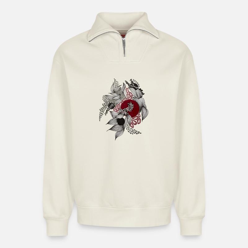 Roter Kreis mit silbernen Blättern - Relaxed Unisex Organic Half Zip Sweatshirt – von SPREAD - Naturweiß