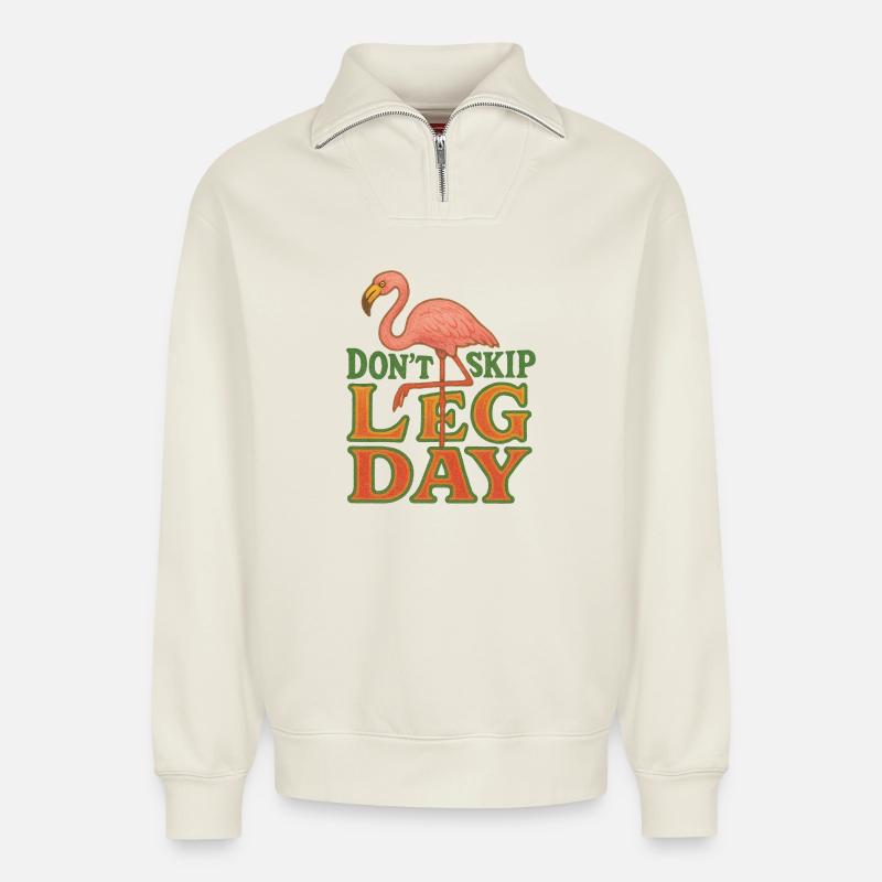 Flamingo Leg Day Retro Tee - Relaxed Unisex Organic Half Zip Sweatshirt – von SPREAD - Naturweiß