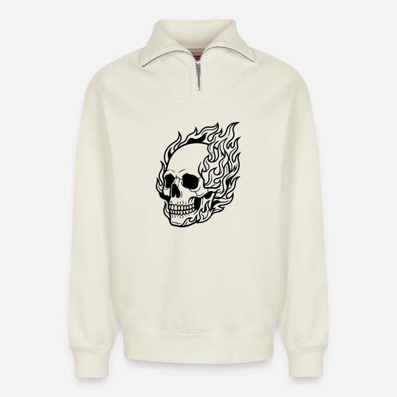 Flamme du crâne - Sweat unisexe décontracté en coton biologique à demi-zip – de SPREAD - blanc cassé