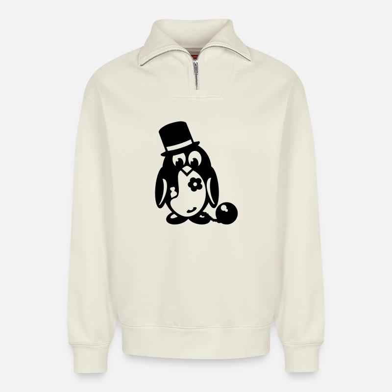 pingouin baccalauréat - Sweat unisexe décontracté en coton biologique à demi-zip – de SPREAD - blanc cassé