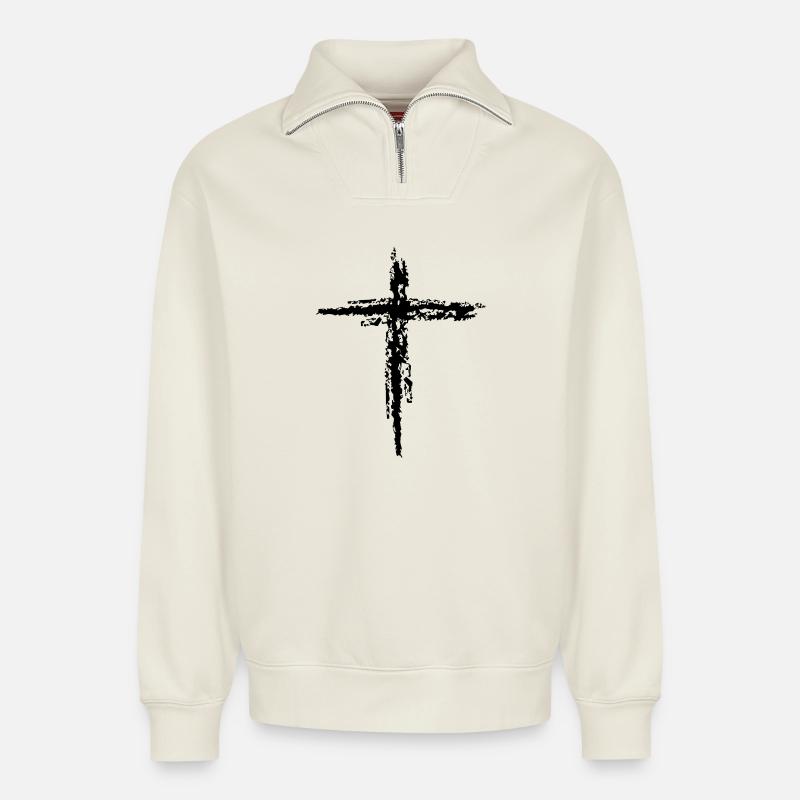 cross - Relaxed Unisex Organic Half Zip Sweatshirt – by SPREAD - off white