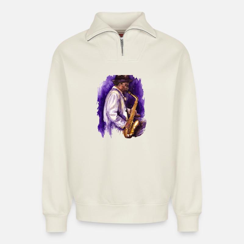 Saxophon - Relaxed Unisex Organic Half Zip Sweatshirt – von SPREAD - Naturweiß