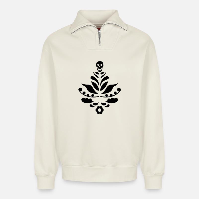 Kurbits & crâne noir - Sweat unisexe décontracté en coton biologique à demi-zip – de SPREAD - blanc cassé