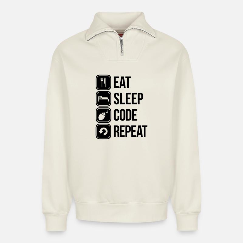 eat sleep code - Relaxed Unisex Organic Half Zip Sweatshirt – von SPREAD - Naturweiß