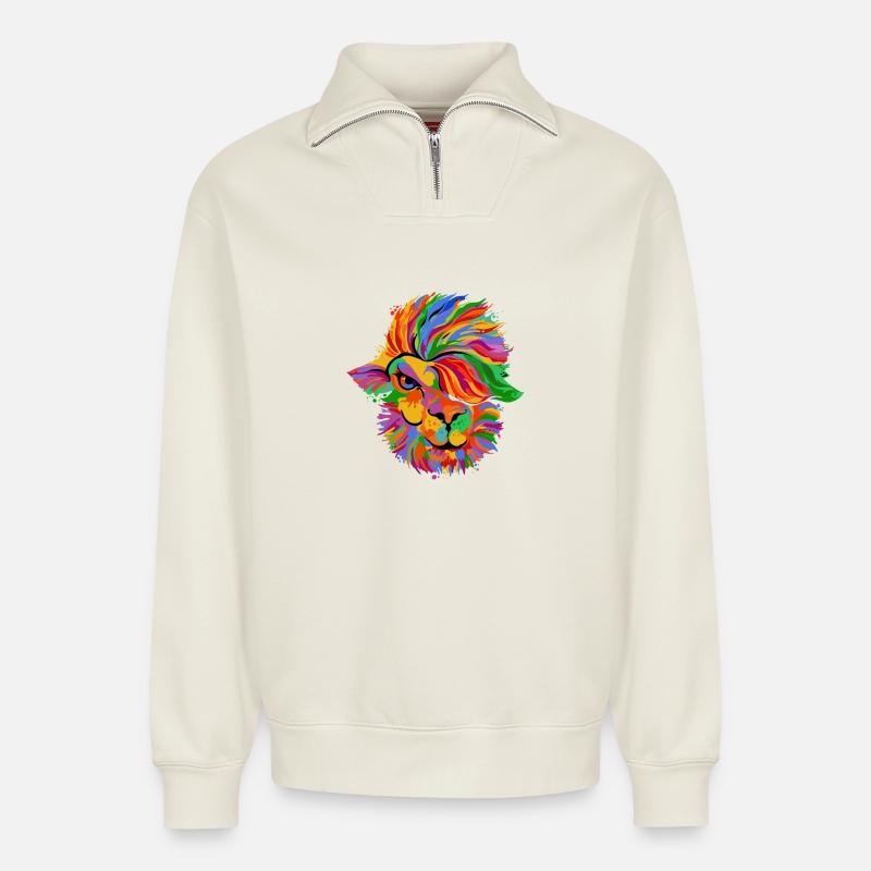 Löwenfarbenes Regenbogengesicht - Relaxed Unisex Organic Half Zip Sweatshirt – von SPREAD - Naturweiß