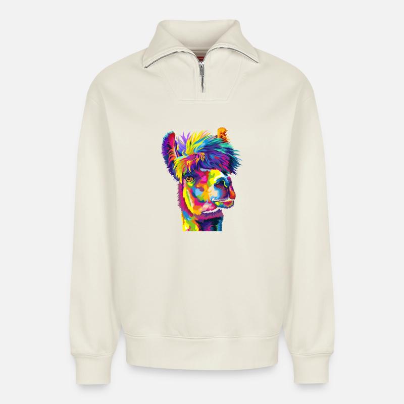 Daring Rainbow Llama - Relaxed Unisex Organic Half Zip Sweatshirt – by SPREAD - off white