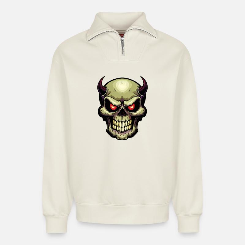 Crâne - Sweat unisexe décontracté en coton biologique à demi-zip – de SPREAD - blanc cassé