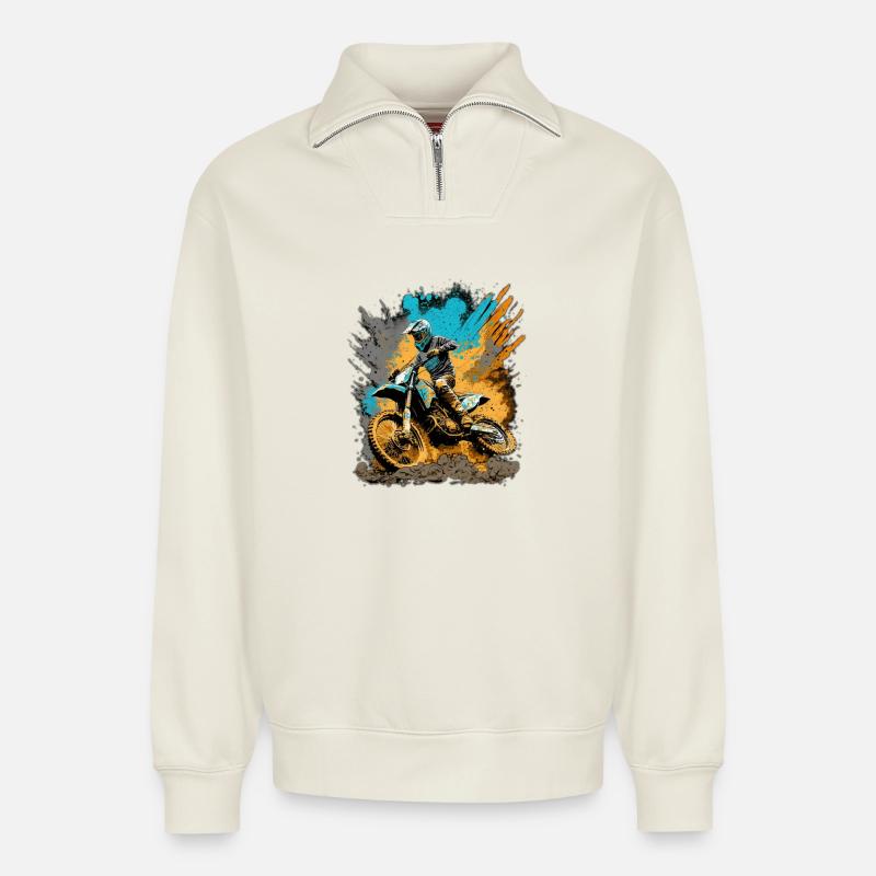 Motocross Action Schlamm Spritzer - Relaxed Unisex Organic Half Zip Sweatshirt – von SPREAD - Naturweiß
