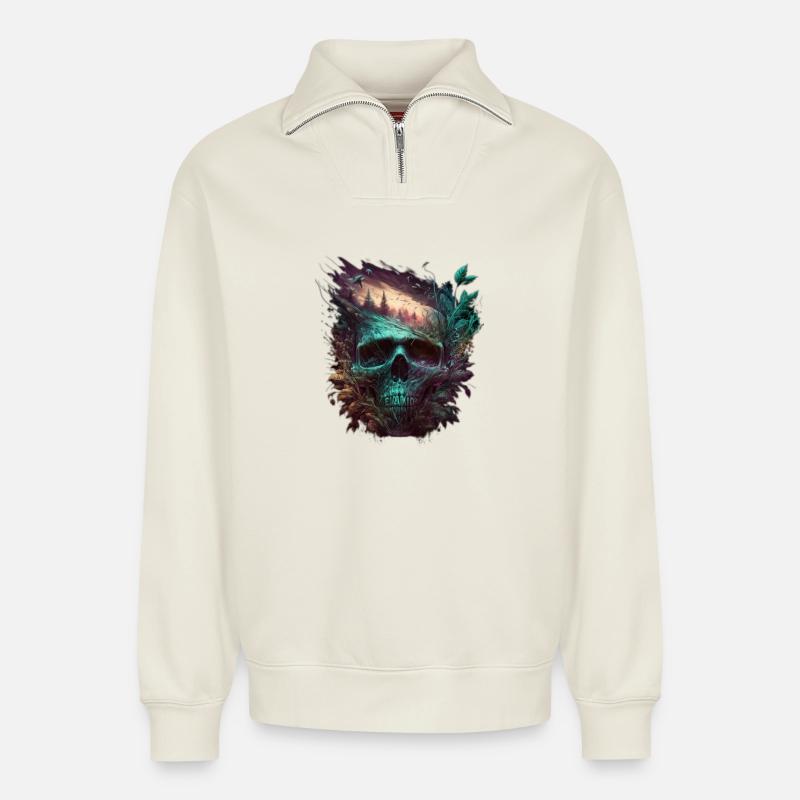 Neon Schädel Waldkunst - Relaxed Unisex Organic Half Zip Sweatshirt – von SPREAD - Naturweiß